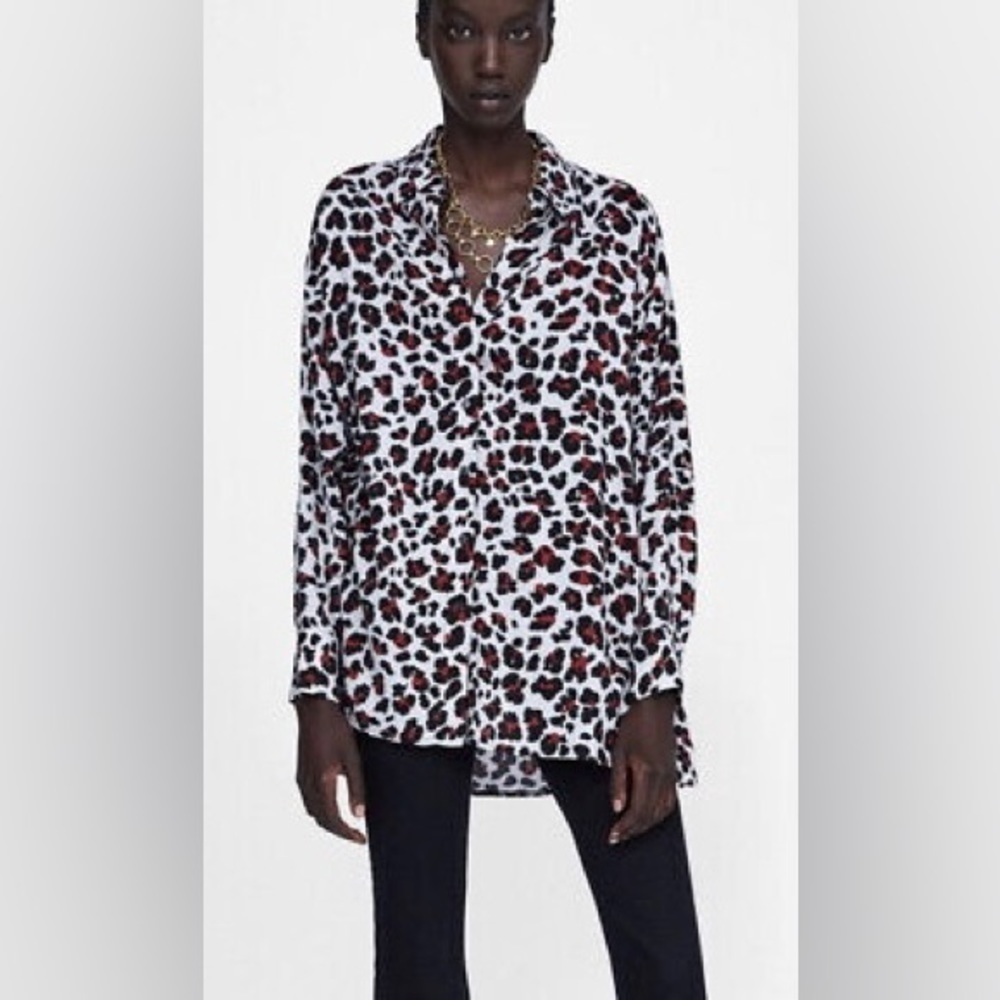 NWOT ZARA Women’s Gray Red Leopard Animal Print Relaxed Shirt Tunic XS X-Small